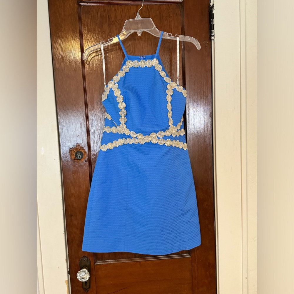 Lilly Pulitzer Pearl Shift in Bennet Blue Gold Trim Sleeveless Dress 2